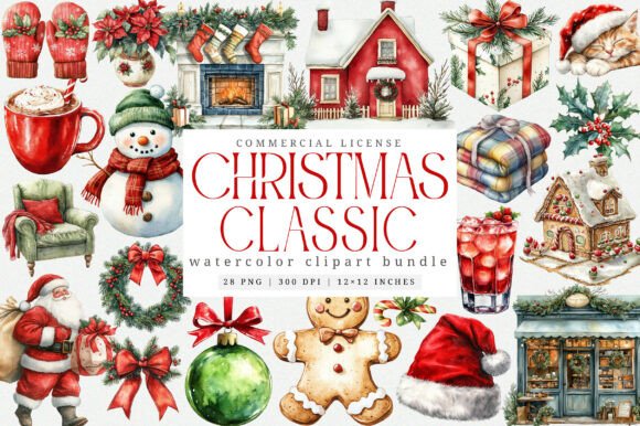 Download Watercolor Classic Christmas Clipart PNG - Classic christmas clipart Collection